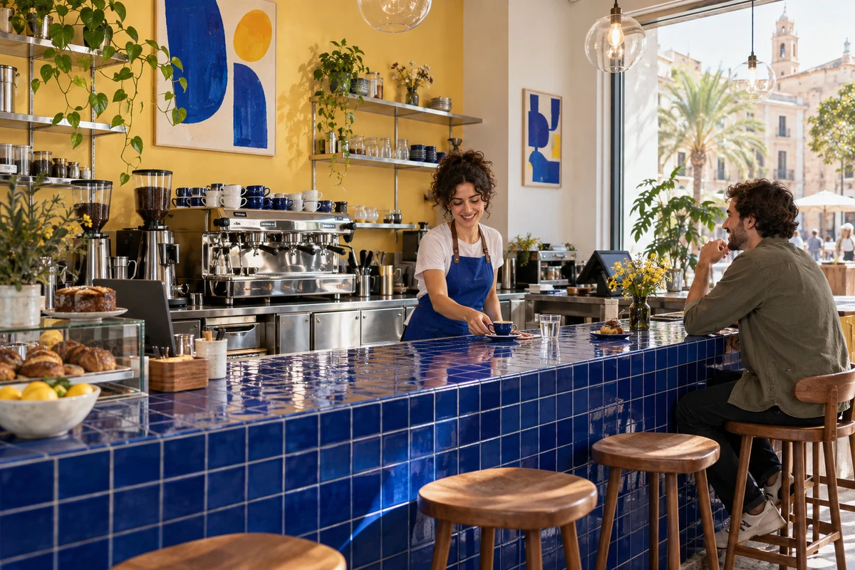 Escena ilustrativa de atención en una cafetería